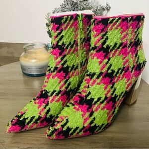 Betsey Johnson Jackyy Houndstooth Heeled Boots - Green and Pink